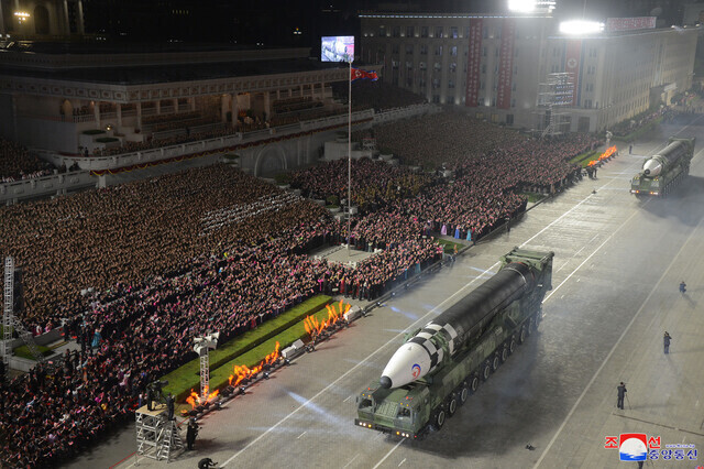 North Korea brought out the Hwasong-17 ICBM, seen here, during a military parade held on April 25 commemorating the 90th anniversary of the founding of the Korean People’s Revolutionary Army. (KCNA/Yonhap News)