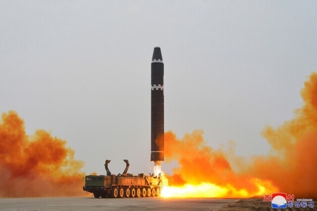 North Korea’s state-run Rodong Sinmun reported on Feb. 19 that it had carried out a surprise launch of a Hwasong-15 ICBM, the same model pictured here, on Feb. 18 under the direction of Kim Jong-un. (KCNA/Yonhap)