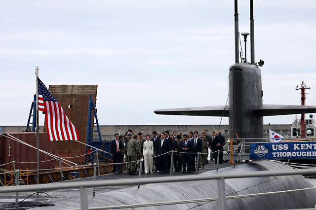 South Korean President Yoon Suk-yeol tours the USS Kentucky (SSBN) docked at a port in Busan on July 19, 2023. (pool photo)