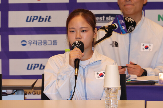 체조 국가대표 여서정이 20일 오후 충북 진천군 국가대표선수촌에서 열린 2026 아이치·나고야 아시안게임 D-30 미디어데이에서 각오를 말하고 있다. 최현수 기자 emd@hani.co.kr