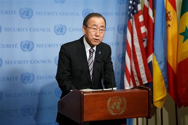 UN Secretary-General Ban Ki-moon expresses harsh criticism of North Korea’s fourth nuclear weapons test during a press conference at UN Headquarters in New York prior to the UN Security Council’s emergency meeting