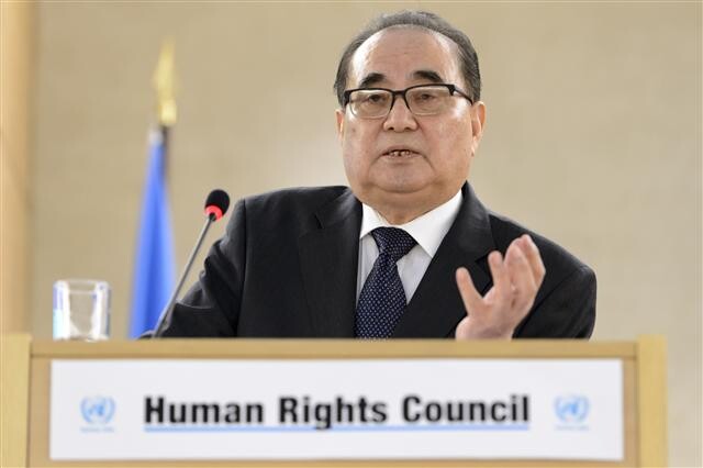 North Korea’s Minister of Foreign Affairs Ri Su-yong addresses a senior-level session of the UN Human Rights Council (UNHRC) in Geneva on Mar. 1. (AP/Yonhap News)