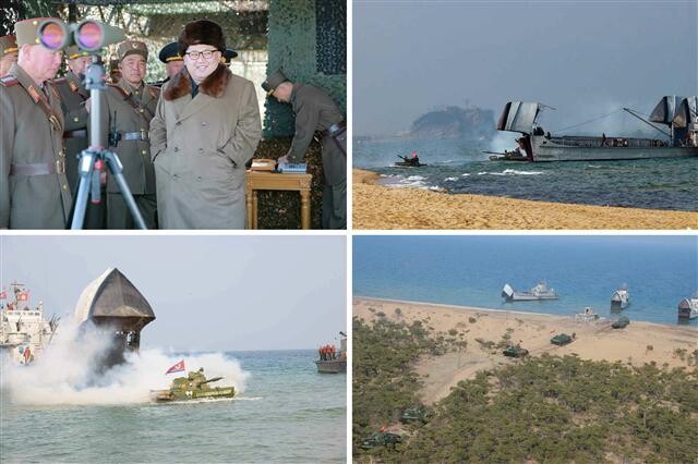 Leader Kim Jong-un observes the North Korean holding amphibious exercises practicing for an attack on South Korea