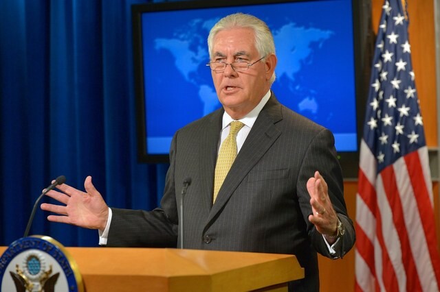 US Secretary of State Rex Tillerson speaks during a surprise appearance at a press briefing at the State Department in Washington DC