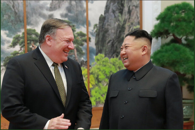 US Secretary of State Mike Pompeo with North Korean leader Kim Jong-un during the former’s fourth visit to Pyongyang on Oct. 7. (US President Donald Trump’s Twitter account)