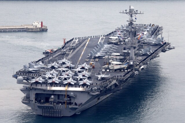 The USS John C. Stennis of the US Navy docks at Busan Naval Base to partake in South Korea-US joint military exercises on Mar. 3