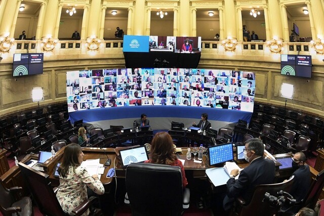 5월13일 아르헨티나 상원의회가 코로나19 확산에 따라 화상회의로 열리고 있다. AFP 연합뉴스