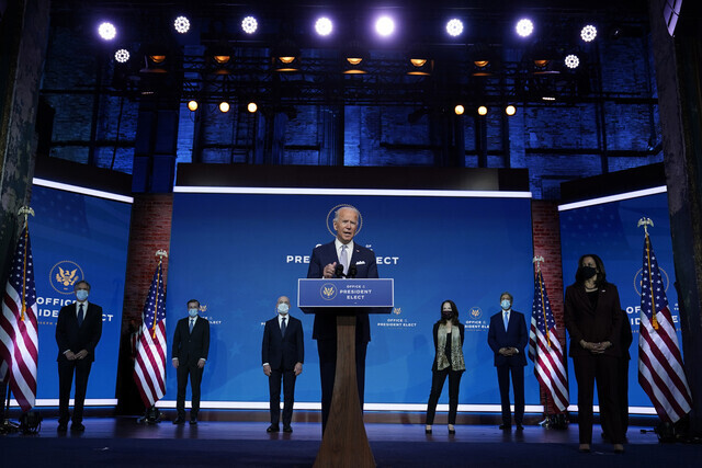 US President-elect Joe Biden introduces his foreign policy staff at an event in Wilmington, Delaware, on Nov. 24. (AP/Yonhap News)