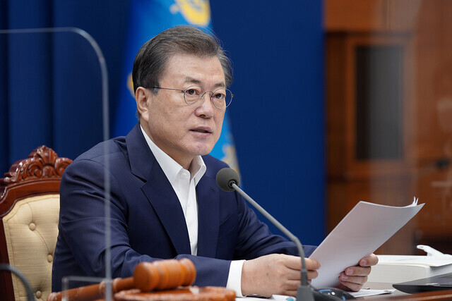 South Korean President Moon Jae-in speaks during a Tuesday cabinet meeting. (provided by the Blue House)
