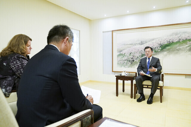 South Korea President Moon Jae-in speaks in an interview with the New York Times in the Blue House. (provided by the Blue House)