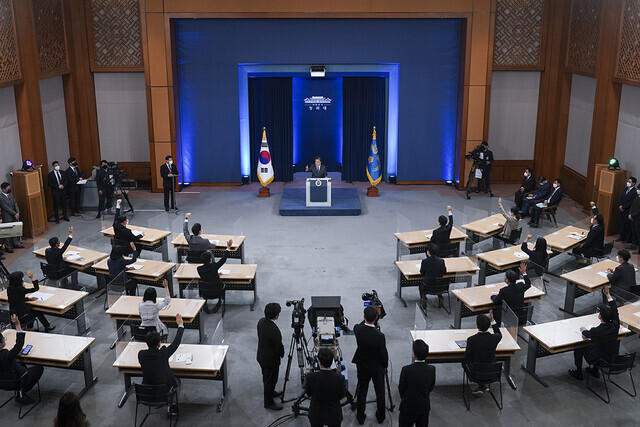 South Korean President Moon Jae-in takes questions from reporters after delivering an address Monday to mark four years in office at the Blue House press center. (provided by the Blue House)