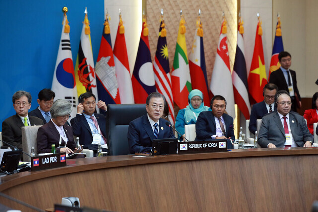 South Korean President Moon Jae-in speaks during a session of the ASEAN-South Korea summit in Busan in November 2019. (Yonhap News)
