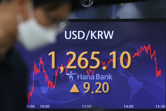 A monitor at KEB Hana Bank in central Seoul displays the won-to-dollar exchange rate on May 2. (Yonhap News)