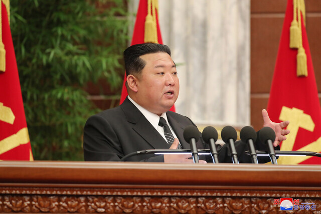 North Korean leader Kim Jong-un speaks at an enlarged plenary meeting of the WPK’s Central Committee, held June 8-10. (KCNA/Yonhap News)