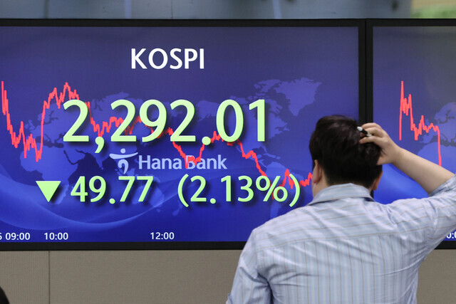 A monitor in a trading room in downtown Seoul shows the KOSPI on July 6. (Yonhap News)