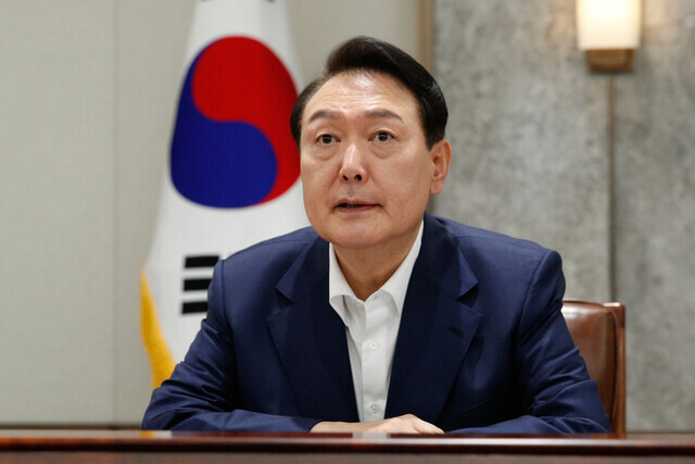 President Yoon Suk-yeol speaks during an emergency economic meeting on Koreans’ livelihoods at the presidential office in Yongsan, Seoul, on July 8. (presidential office pool photo)