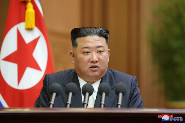 North Korean leader Kim Jong-un speaks at a Supreme People’s Assembly meeting in Pyongyang on Sept. 8. (KCNA/Yonhap)