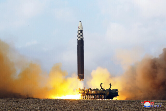 North Korea launches the Hwasong-17 ICBM in a test from an airport in Sunan in Pyongyang on Nov. 18, in this photo supplied by North Korean media. (KCNA/Yonhap)