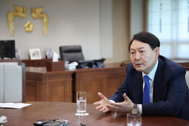 President Yoon Suk-yeol of South Korea speaks to Reuters on April 18 from the presidential office in Seoul’s Yongsan District. (Reuters/Yonhap)