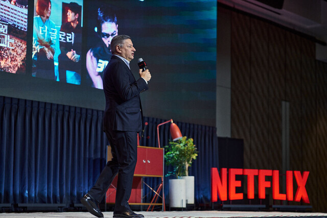 Netflix co-CEO Ted Sarandos speaks at a public forum on the streaming platform and the future of Korean content held at the Four Seasons Hotel in Seoul on June 23. (courtesy of Netflix)