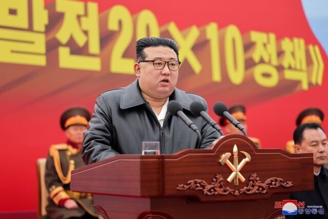 North Korean leader Kim Jong-un speaks at a groundbreaking ceremony for a factory in Songchon, South Pyongan Province, on Feb. 28, 2024, the first factory to be constructed as part of the 20x10 regional development policy declared by the North. (KCNA/Yonhap)
