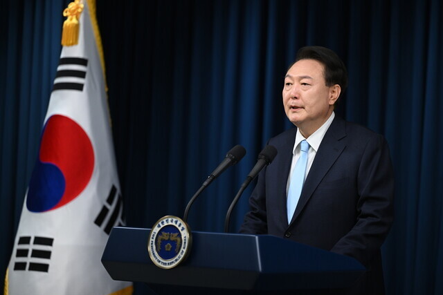President Yoon Suk-yeol delivers an address to the nation regarding health care reforms on April 1, 2024, from the presidential office in Seoul. (courtesy of the presidential office)