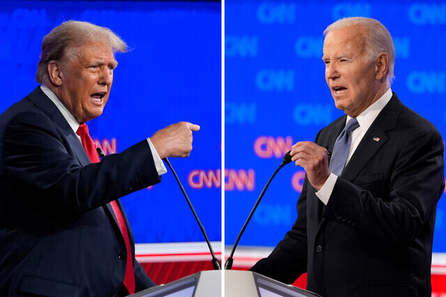 Former US President Donald Trump and US President Joe Biden during the first televised presidential debate for the 2024 election, aired on CNN on June 27, 2024. (Yonhap)