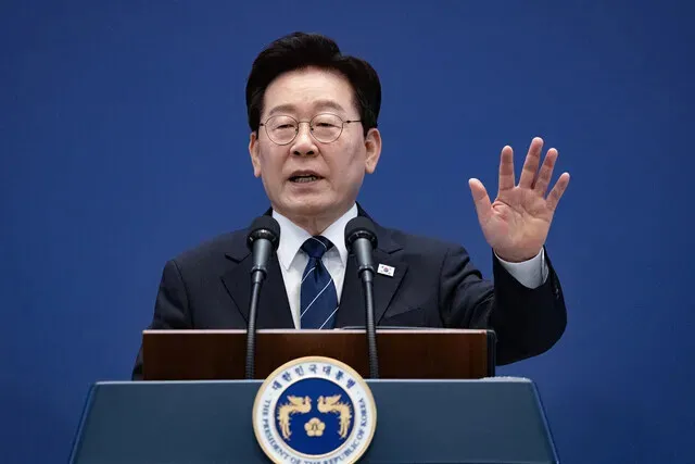 President Lee Jae Myung speaks at a news conference at the Blue House state guest house on Sept. 18, 2026. (pool photo)