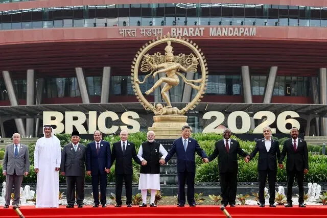World leaders gather for a group photo at a BRICS summit held at Bharat Mandapam in New Delhi, India, on Sept. 13, 2026. (AFP/Yonhap)
