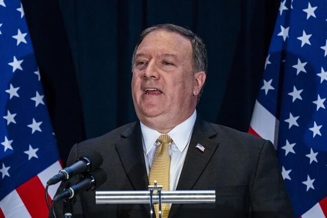 US Secretary of State Mike Pompeo gives a press conference at the Marriott hotel in Singapore for White House pool reporters at 5:30 pm on June 11