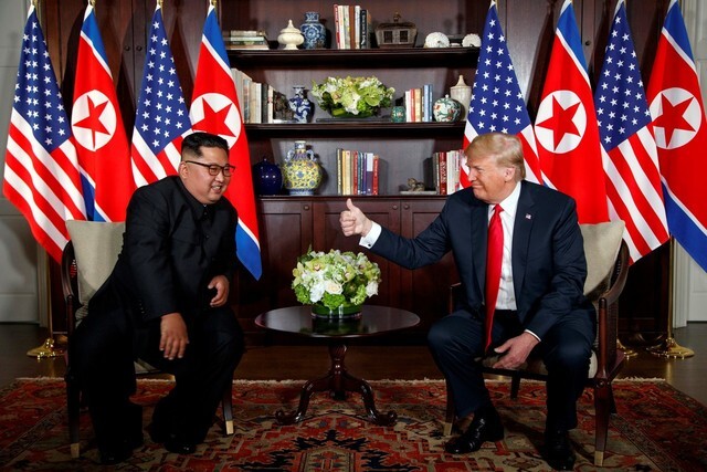 North Korean leader Kim Jong-un and US President Donald Trump during their Singapore summit on June 12. (AP)