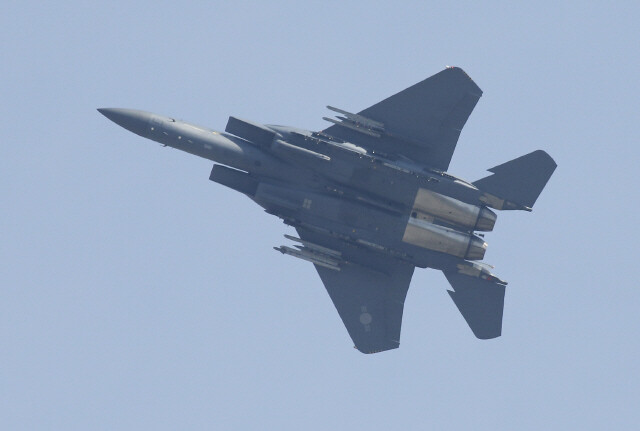 A South Korean F-15K jet fighter flies during military exercises in Daegu
