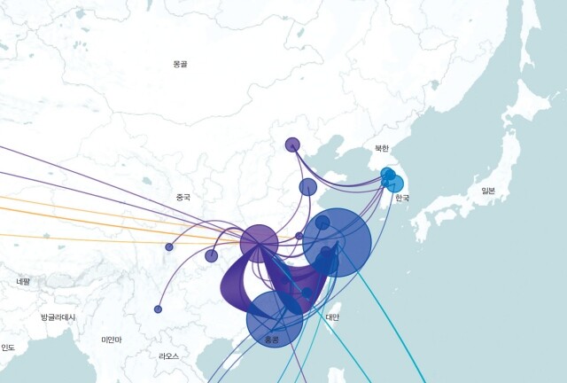 한국에서 등록한 코로나19 환자 12명의 바이러스 게놈을 분석한 전파 경로 지도. 파란색 동그라미가 한국 감염환자의 바이러스 게놈.