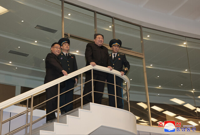 North Korean leader Kim Jong-un visits the Pyongyang General Control Center of the Korean National Aerospace Technology Administration on Nov. 22, the day after the launch of a military reconnaissance satellite. (KCNA/Yonhap)