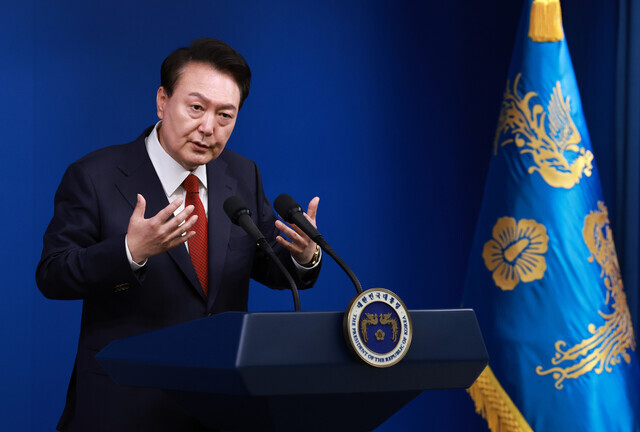 President Yoon Suk-yeol speaks at a press conference to mark the end of his second year in office on May 9, 2024, at the presidential office in Seoul’s Yongsan District. (Yonhap)