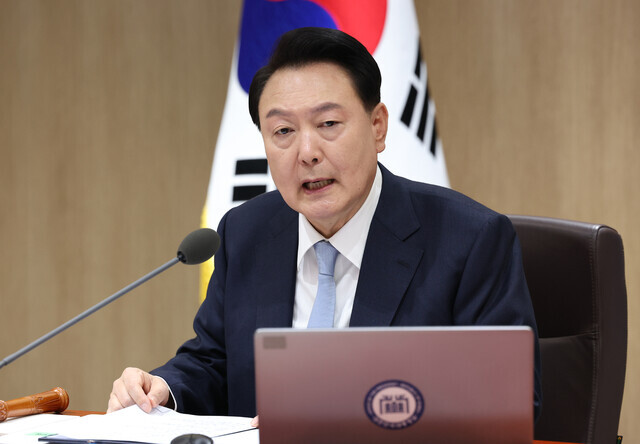 President Yoon Suk-yeol speaks at a Cabinet meeting held at the presidential office in Seoul on April 16, 2024. (Yonhap)