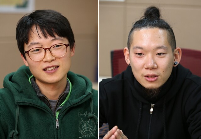 김형수(왼쪽)씨는 개신교 신자로 평화 신념을 지키기 위해, 이상씨는 군대가 조장하는 불평등 구조에 저항하기 위해 예비군 거부를 선택했다. 정용일 기자