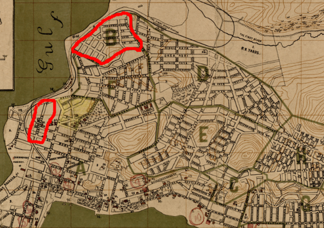 개척리(아래 빨간 선)와 신한촌(위 빨간 선)의 위치. 1918년 블라디보스토크 지도 임경석 제공