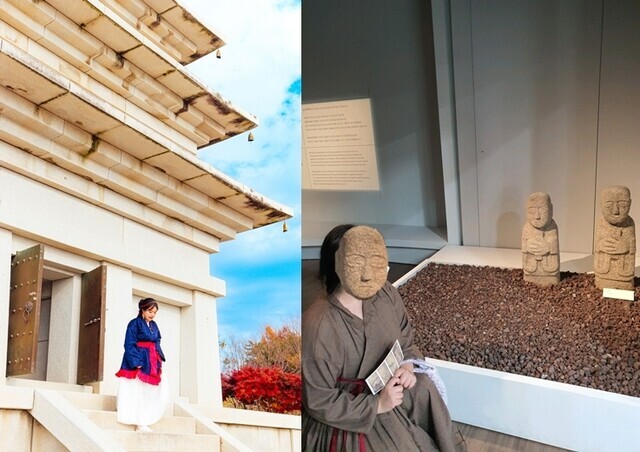 Lee Seon-a wears a Baekje-era outfit during a visit to the Mireuk Temple in Iksan (left) and a dress styled to look like a cheollik jacket worn in the Joseon era during a visit to the Gwangju National Museum. (courtesy of Lee)