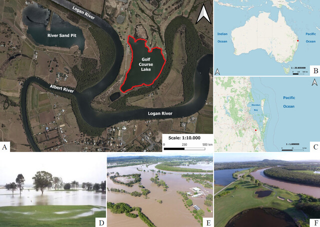 O lago está localizado no Carrbrook Golf Course, não muito longe da confluência dos rios Logan e Albert (A).  Brisbane, Queensland, onde estão localizados os campos de golfe (B e C), tem clima tropical a subtropical no verão, com chuvas fortes e inundações frequentes.  O Carbrook Golf Course (D) foi inundado em 1996 e novamente em fevereiro de 2022 (D).  O lago do campo de golfe está localizado junto ao rio (F) Logan, a uma distância aproximada de 500 metros.  Apresentado por Peter Gusman e Carbrook Golf Course