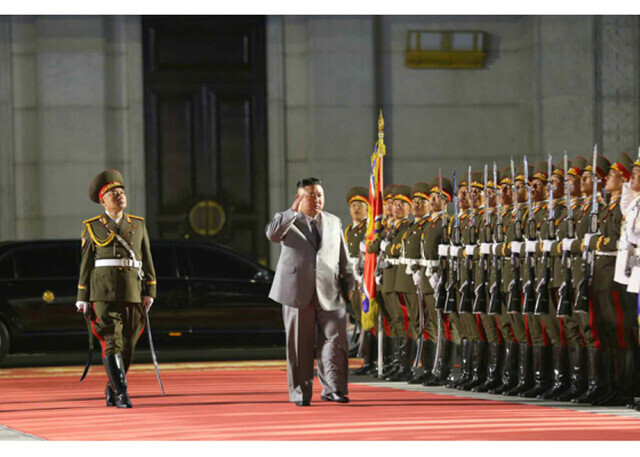 North Korean leader Kim Jong-un salutes soldiers during a military parade to commemorate the 75th anniversary of the Workers’ Party of Korea (WPK) in Pyongyang on Oct. 10. (Yonhap News)