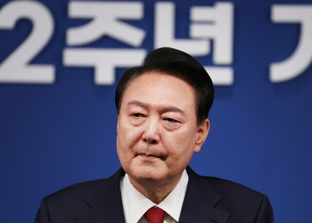 President Yoon Suk-yeol takes questions from reporters at a press conference on May 9, 2024, to mark the second anniversary of his inauguration. (Yonhap)