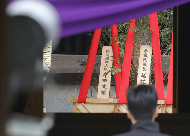 An offering tree sent to Yasukuni Shrine by Japanese Prime Minister Fumio Kishida sits at the resting place for Japanese Class A war criminals on April 21, 2024. (Yonhap)