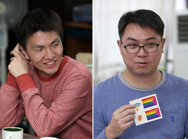 대만의 성소수자 커뮤니티는 다른 아시아 국가에 견줘 더 가시적이고 조직적이다. 펑즈류(왼쪽), 두쓰청은 “대만에서 동성결혼은 평등과 인권의 문제로 인식된다”고 말했다. 정용일 기자