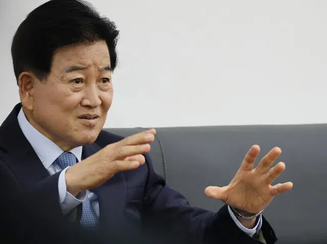 Unification Minister Chung Dong-young speaks to reporters at a press conference to mark his first year in office on July 23, 2026, at the ministry headquarters in Seoul. (Yonhap)