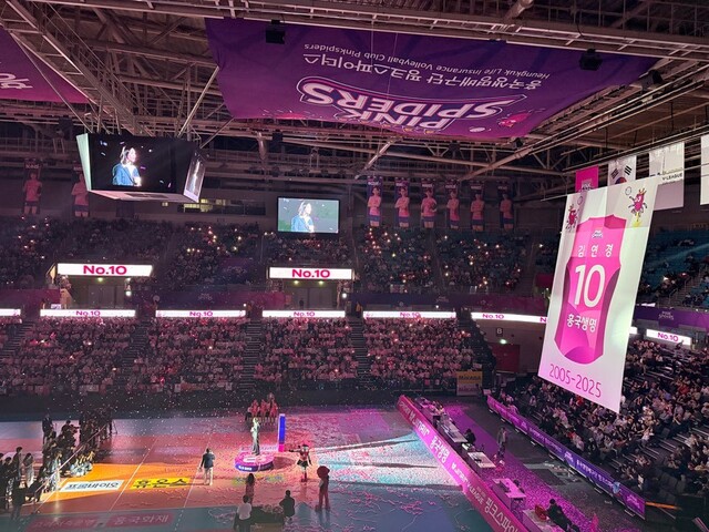 김연경이 18일 인천 삼산체육관에서 은퇴식과 영구결번식을 하고 있다. 손현수 기자