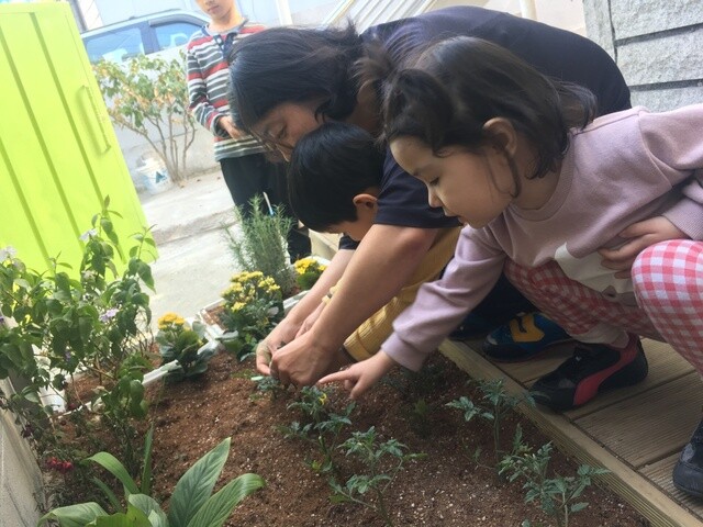 Children put name tags on cherry tomatoes they planted at Asia Chang Daycare Center in Gunpo
