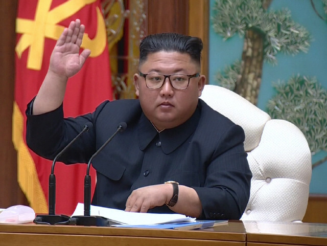 North Korean leader Kim Jong-un presides over a Workers’ Party of Korea politburo meeting in Pyongyang on Apr. 11. (Yonhap News)