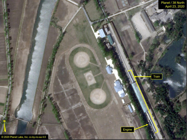 A satellite image of a train stopped at a station near a resort in Wonsan, North Korea where leader Kim Jong-un is speculated to be staying, released by the website 38 North. (provided by 39 North)