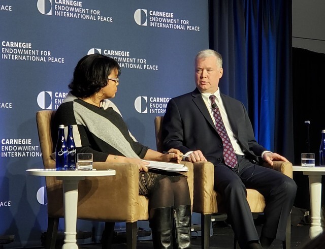 US State Department Special Representative for North Korea Stephen Biegun (right) speaks at a nuclear policy conference hosted by the Carnegie Endowment for International Peace at the Ronald Reagan Building and International Trade Center in Washington